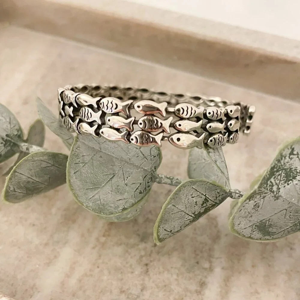 925 Sterling Silver Cuff Bracelet School of Fish Bracelet Modern Silver Bangle - Picture 6 of 9